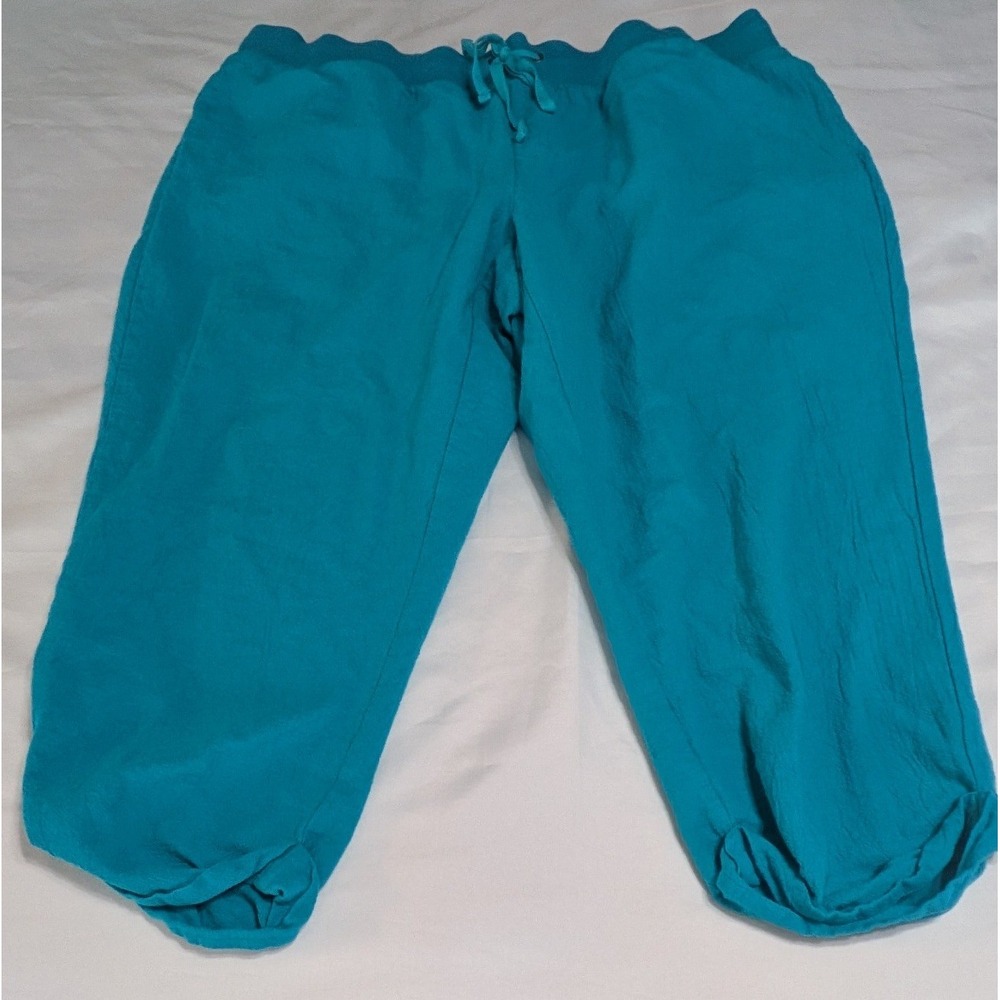 Chico's Cropped Pants Women Size 3 Turquoise Blue Excellent Cotton Drawstring